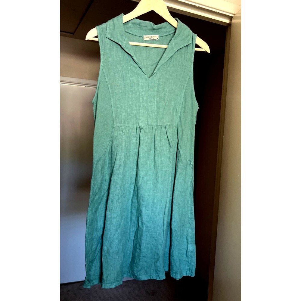 Terzo Millennio Teal Linen Sleeveless Split Neck Dress Size M